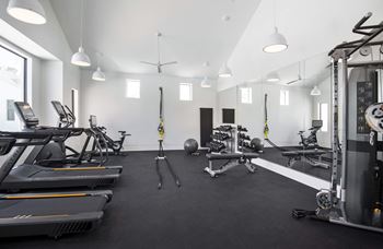 A large fitness room with treadmills and other exercise equipment